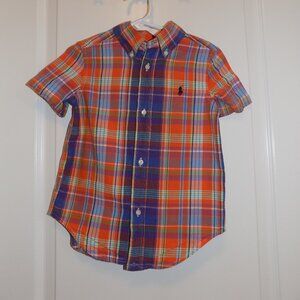 POLO Ralph Lauren Boys 3T Orange Blue Plaid S/S Buttondown Shirt Madras